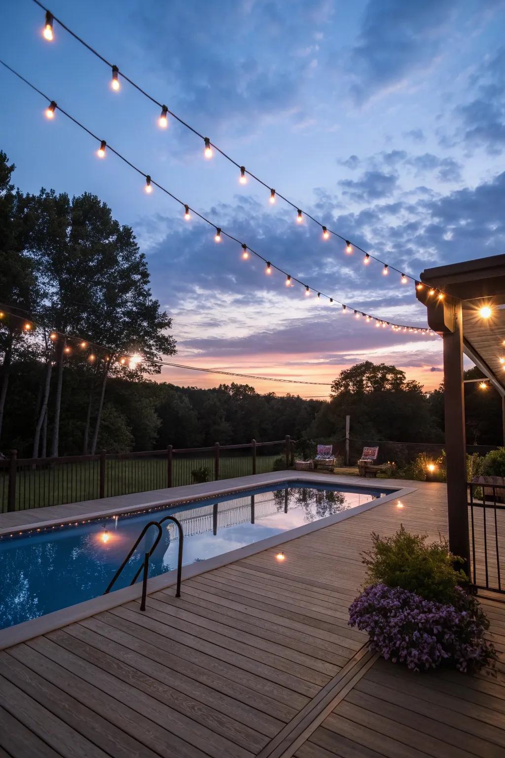 Whimsical lighting turns the pool deck into a magical retreat.