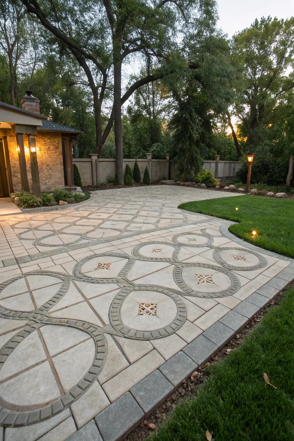 Intricate concrete paver design adding sophistication to a backyard.