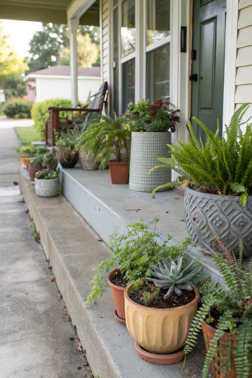 Eclectic planters bursting with greenery and charm.