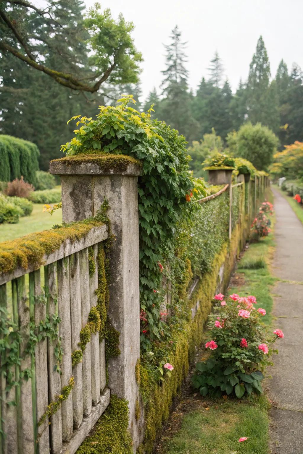 Moss and climbers add natural charm to this concrete fence.