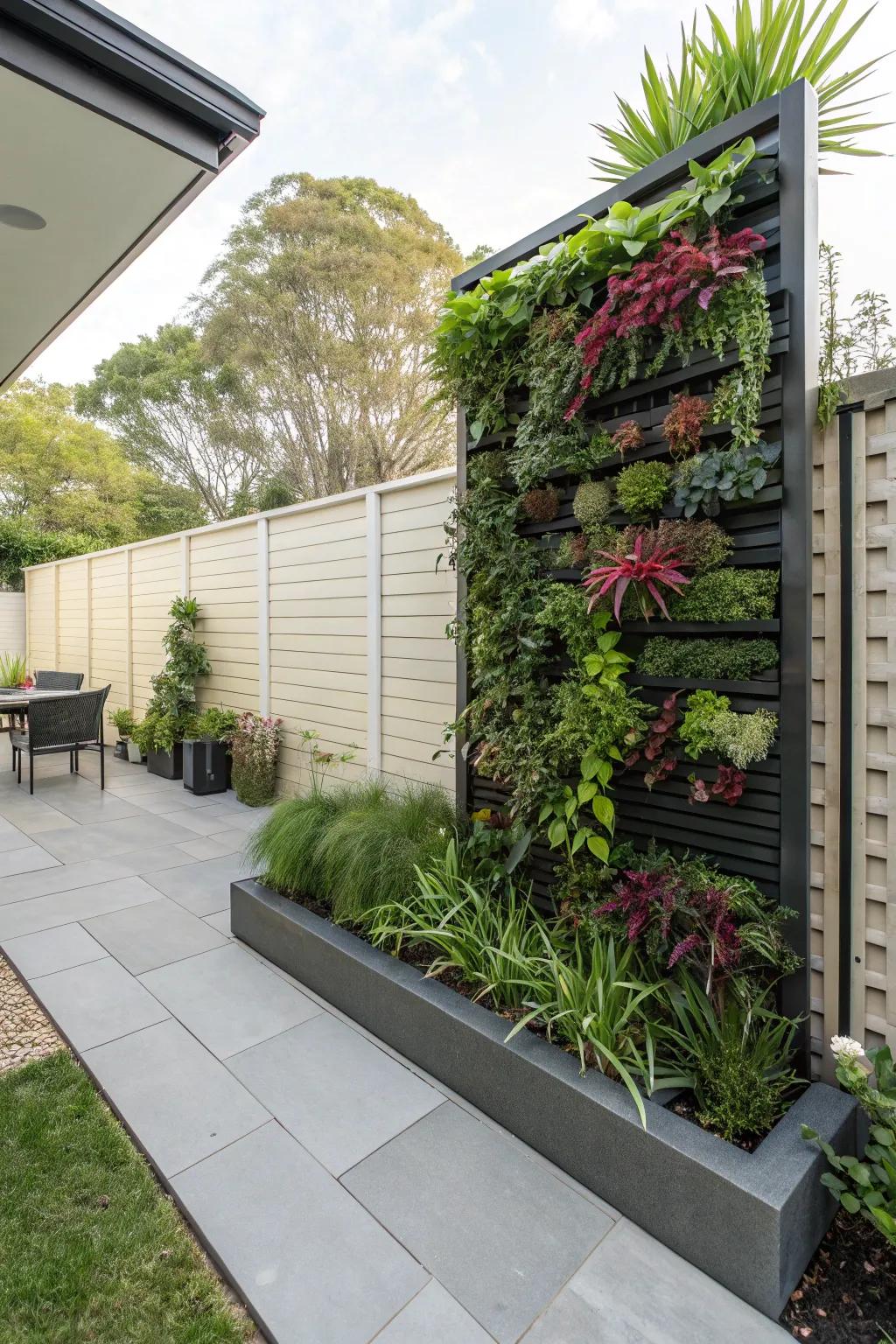 Vertical planters add greenery without using ground space.