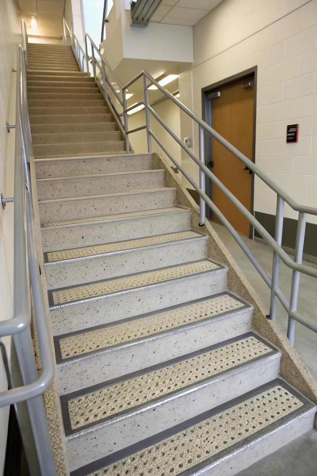 Safety features like handrails and textured surfaces are essential for concrete stairs.