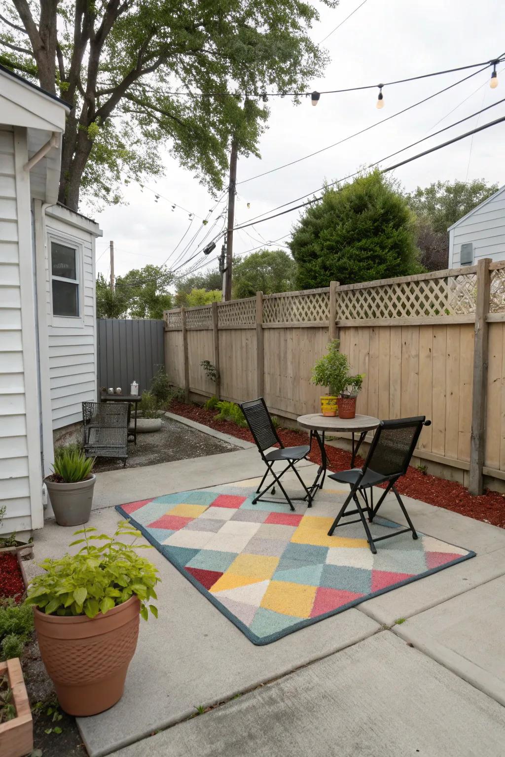 Outdoor rugs introduce color and texture to concrete patios.