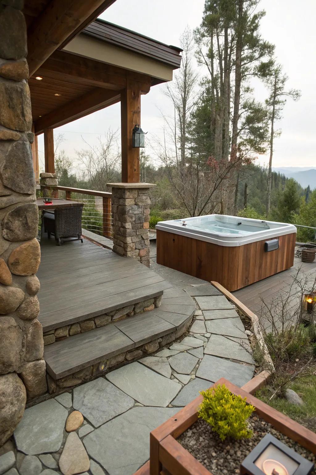 Rustic elements add charm and warmth to a concrete patio with a hot tub.