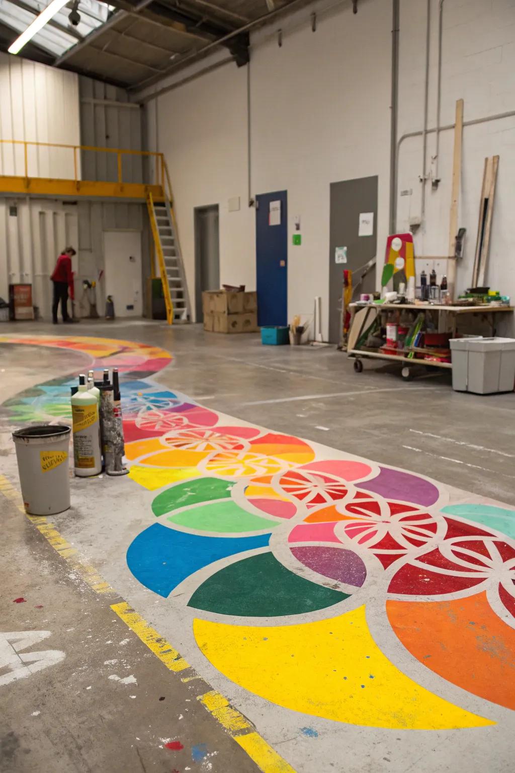 Abstract art on concrete floors encourages creativity and playfulness.