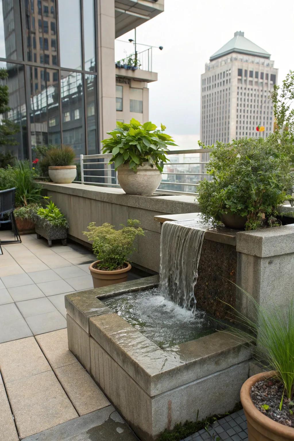 An urban patio enhanced by a compact concrete waterfall.