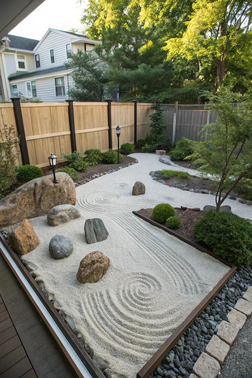 A miniature Zen garden adds tranquility to a condo backyard.