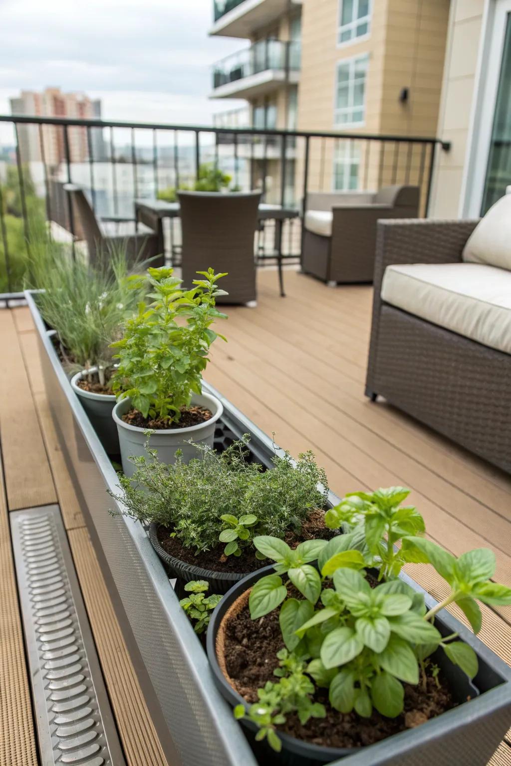A mini herb garden thriving on a condo patio.