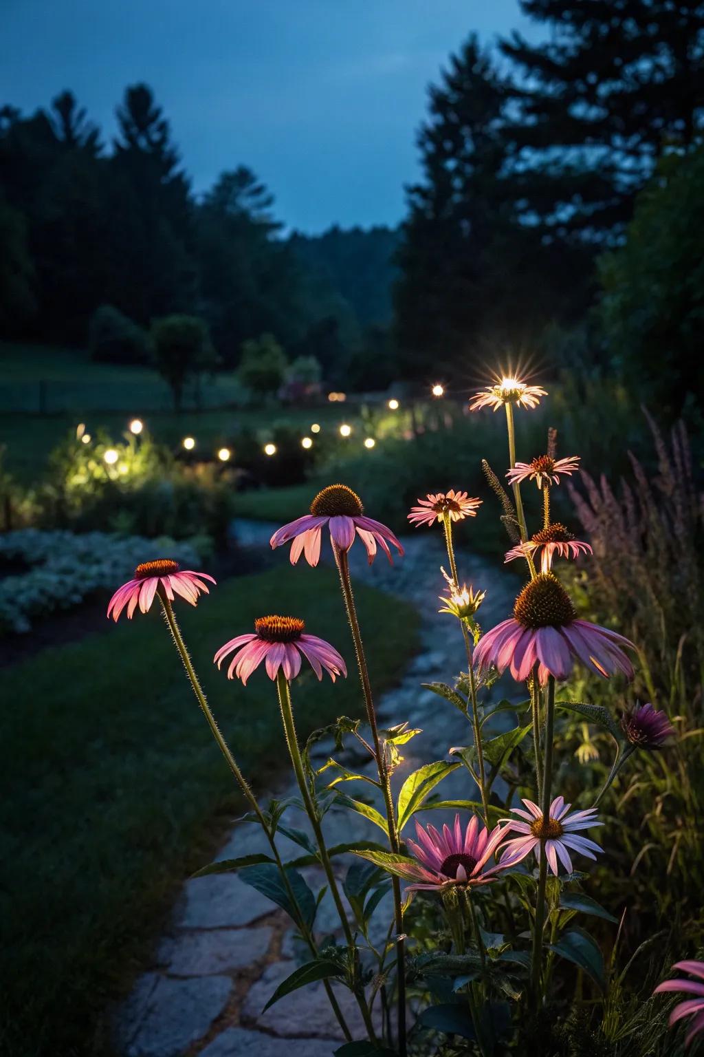 Coneflowers glowing under dramatic night lighting.