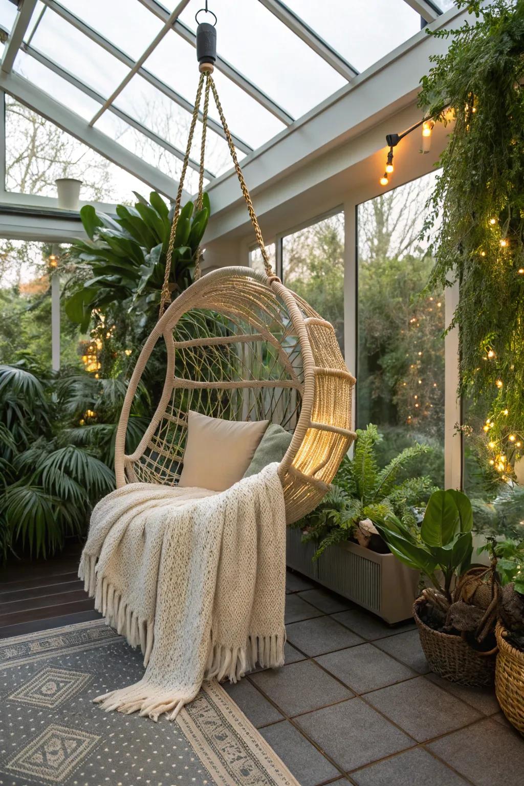 A hanging chair providing a whimsical touch to the conservatory.