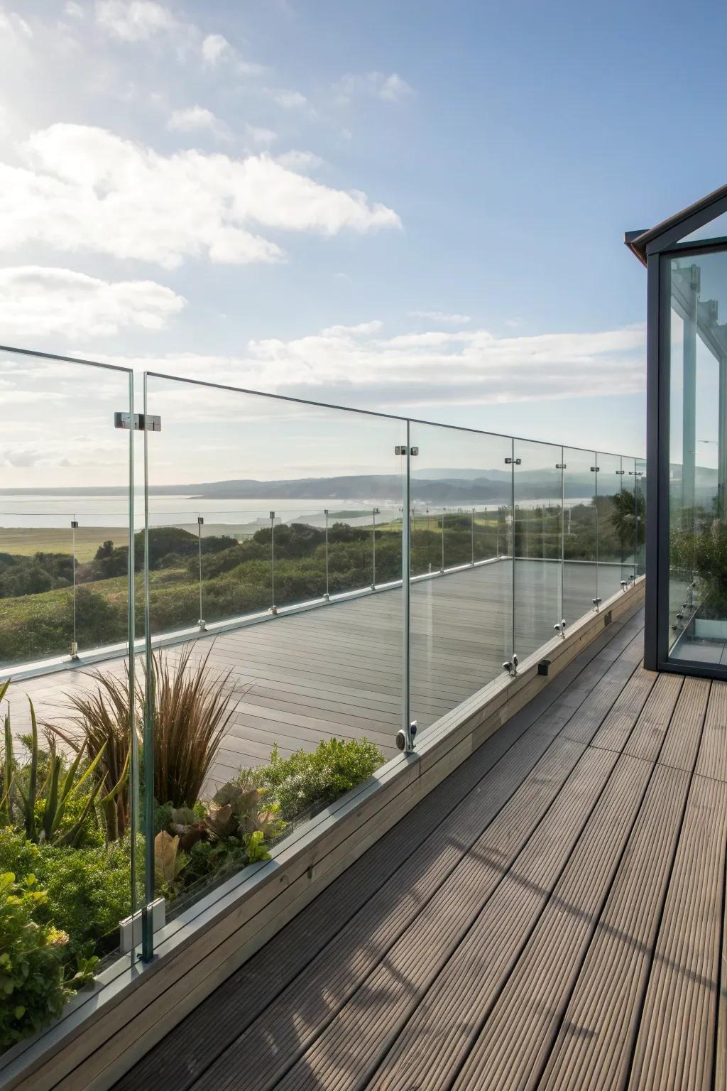 Glass railings provide a seamless connection to the surrounding environment.