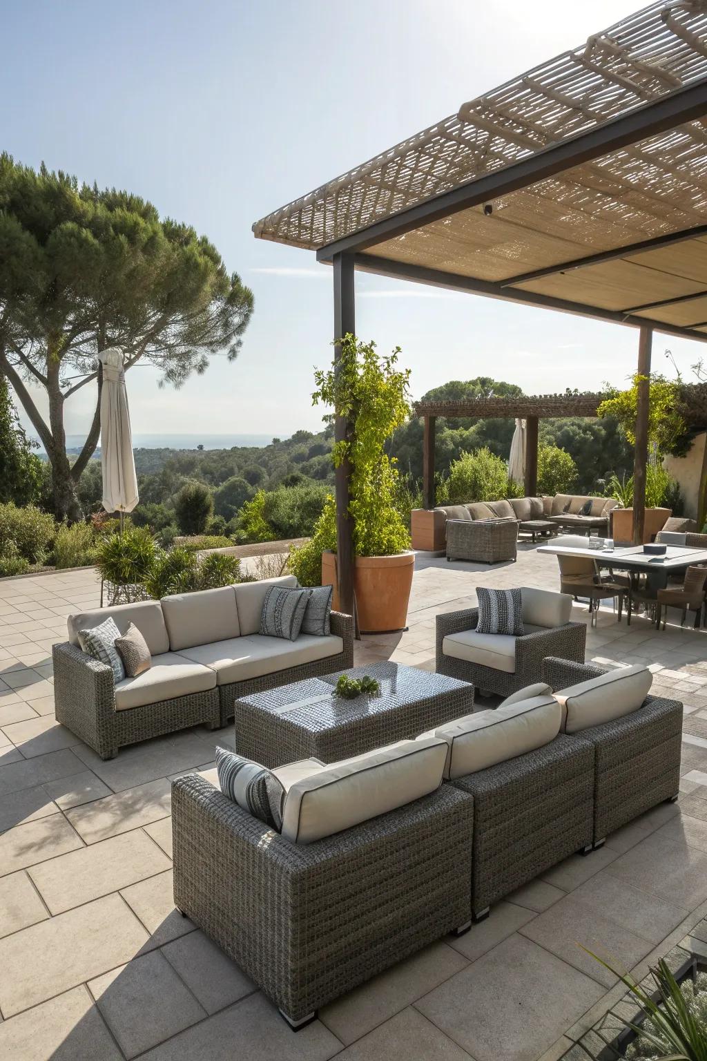 A patio with flexible, modular furniture arrangements.