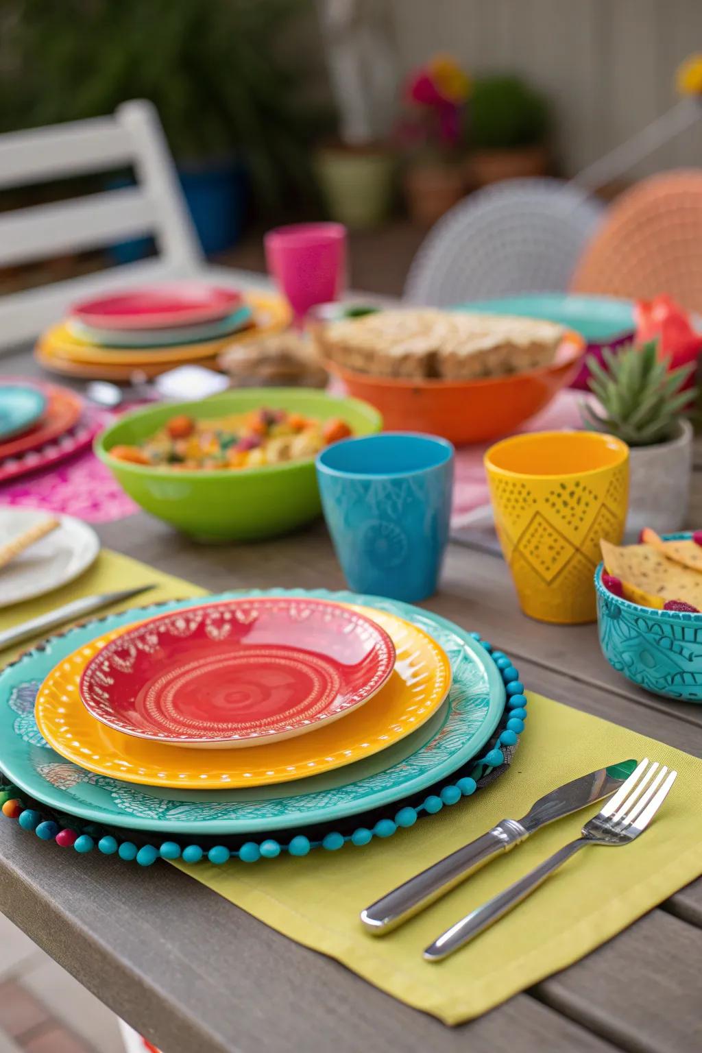 Colorful plates and utensils brighten up the cookout table.