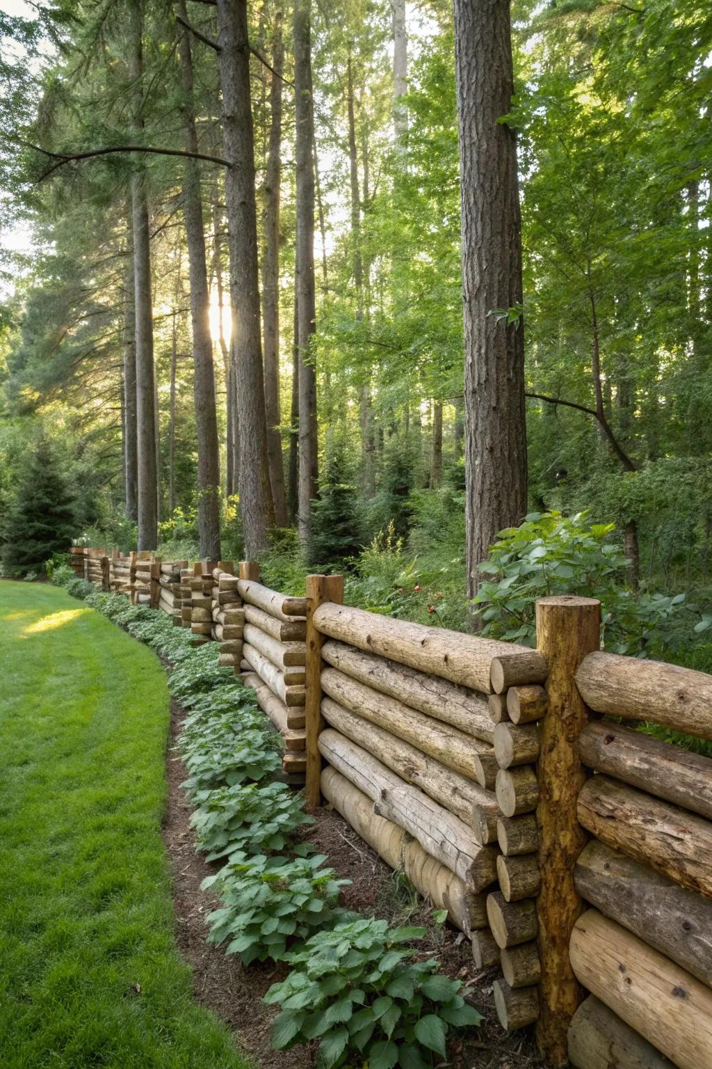 Vertical logs create a rustic, nature-inspired privacy fence.