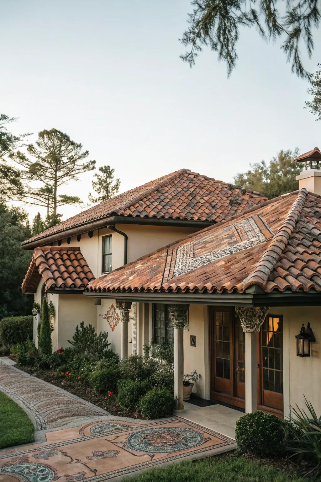 A home with beautifully patterned tile roofing.
