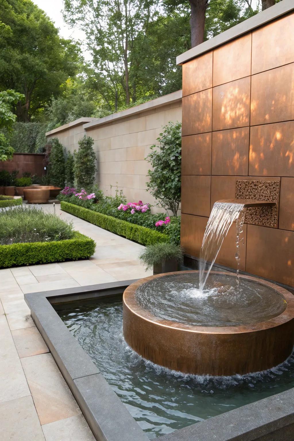 A copper wall fountain providing a dramatic water feature.