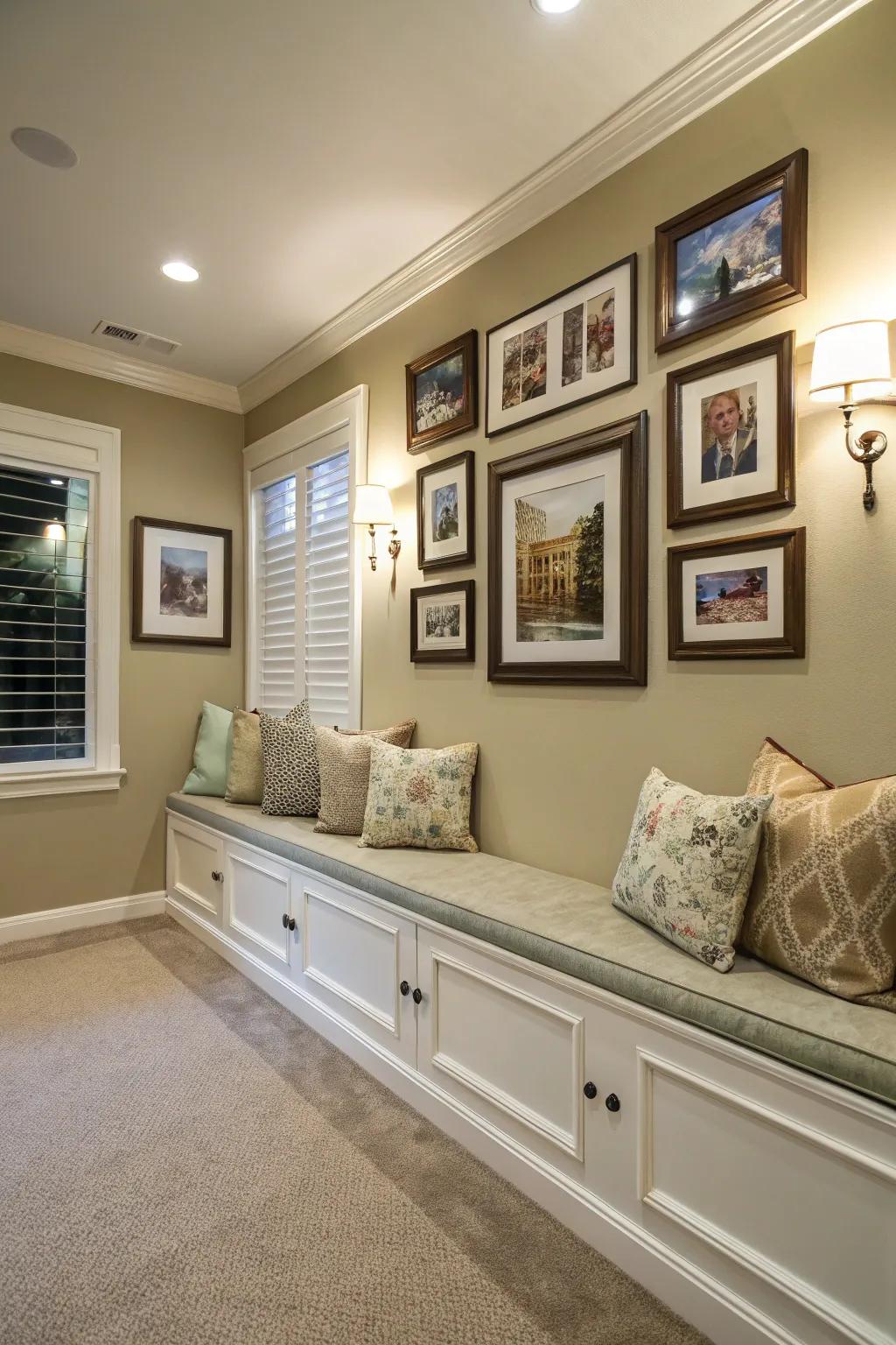 A corner bench with an artistic display creating a gallery-like atmosphere.