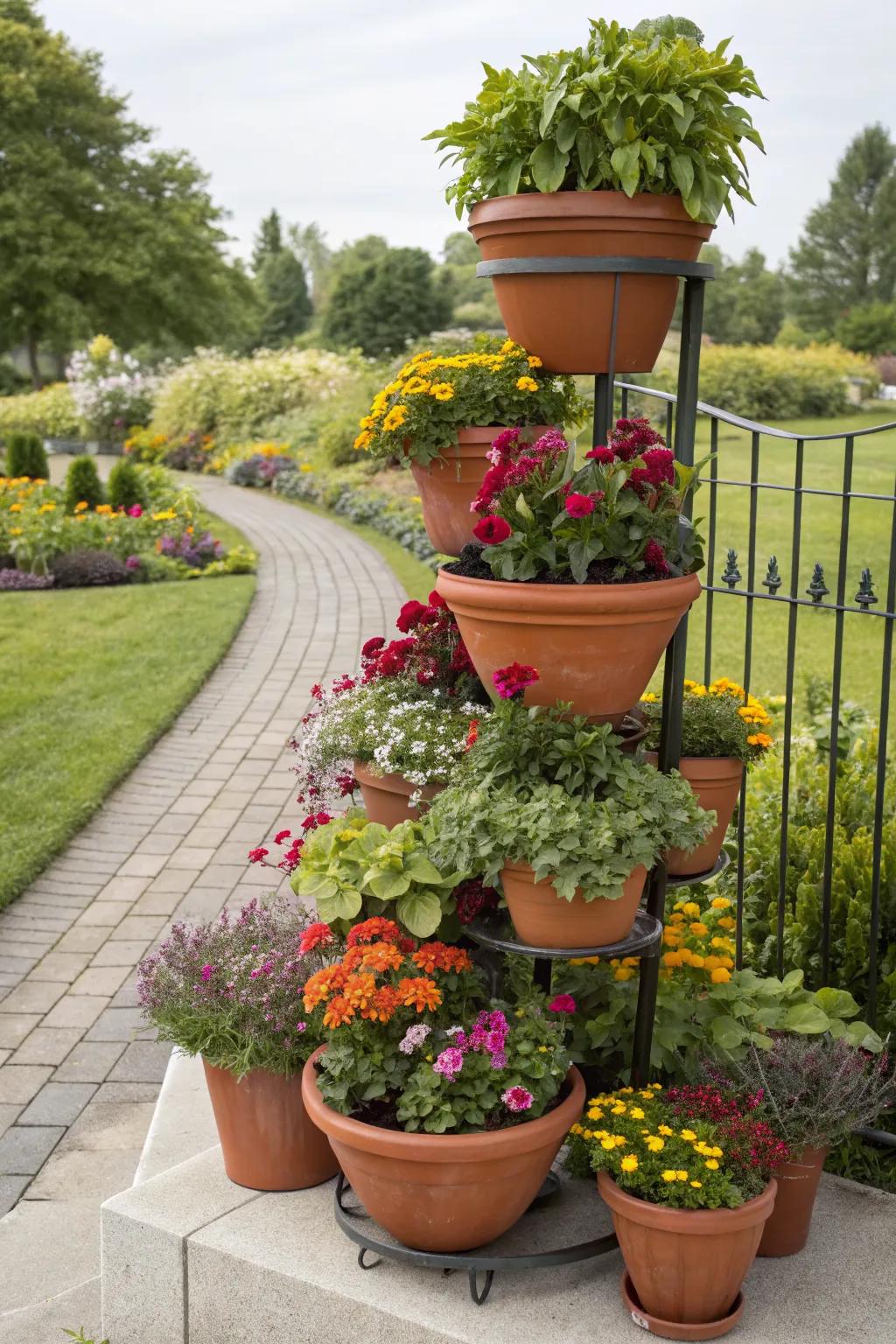 Add whimsy and dimension with a creative flower pot display.