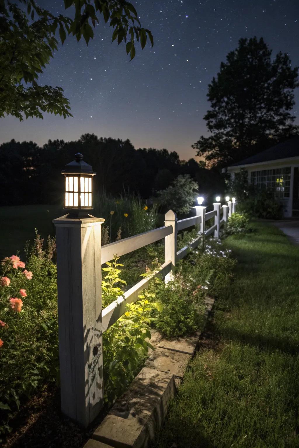 Solar lights on corner posts create a magical nighttime ambiance.