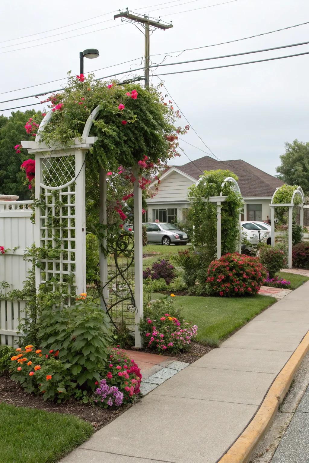 Trellises with climbing plants offer vertical privacy.