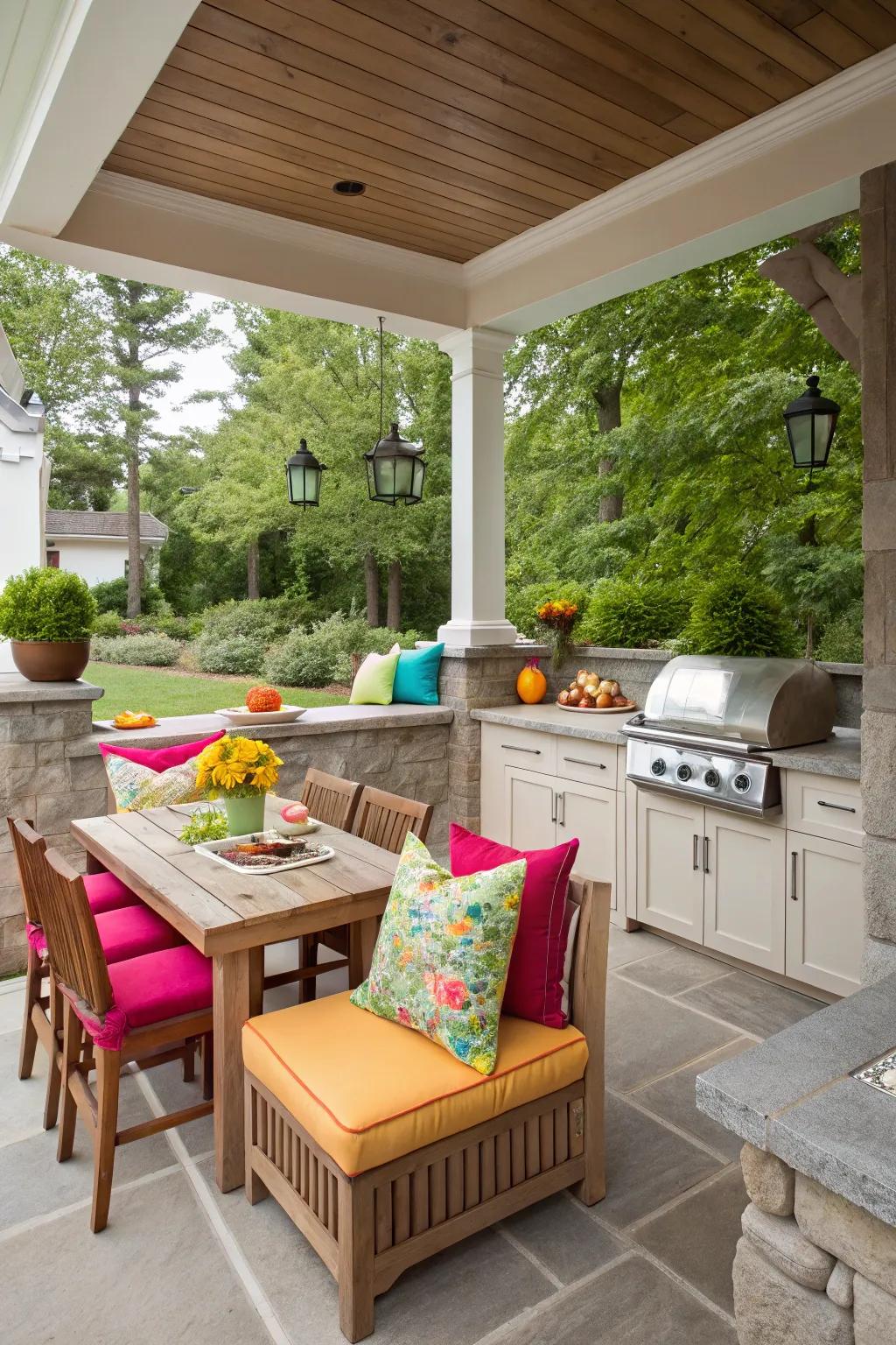 Bold colors bring a lively and personal touch to your outdoor kitchen.