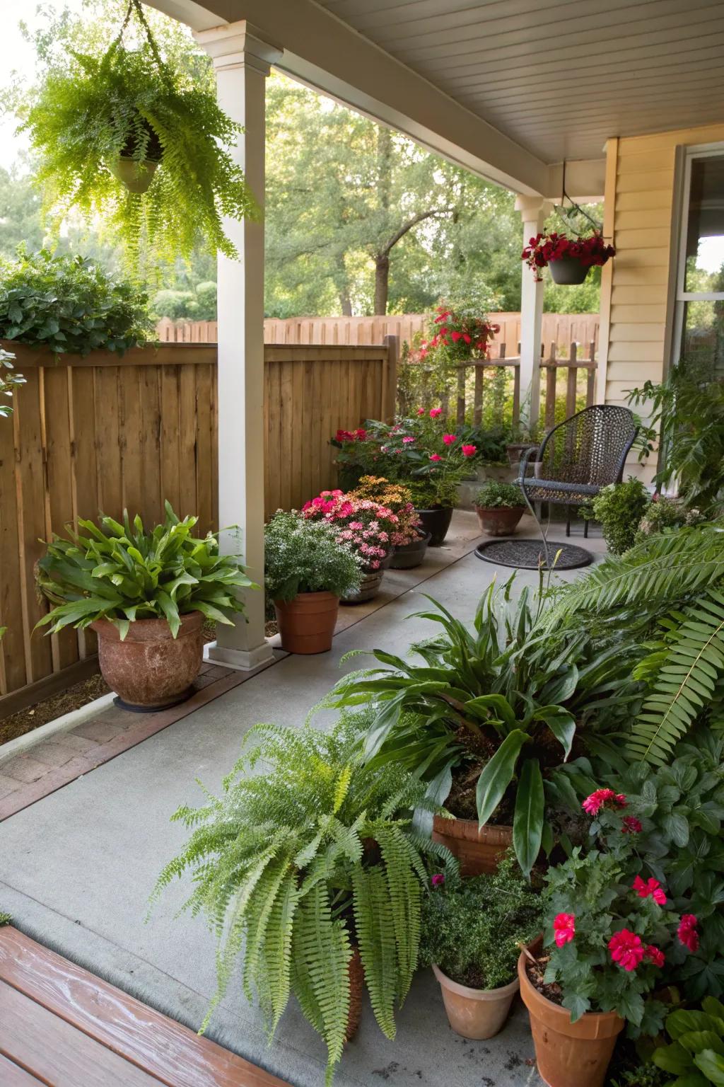 Lush potted plants enhancing a corner porch.