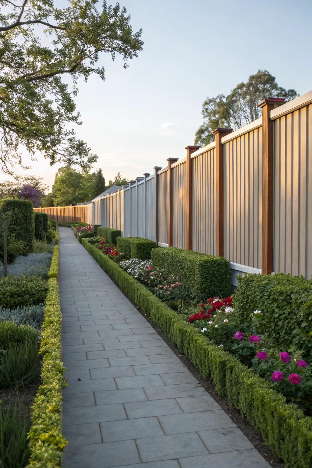 Achieve a harmonious look with symmetrical metal and wood fence design.
