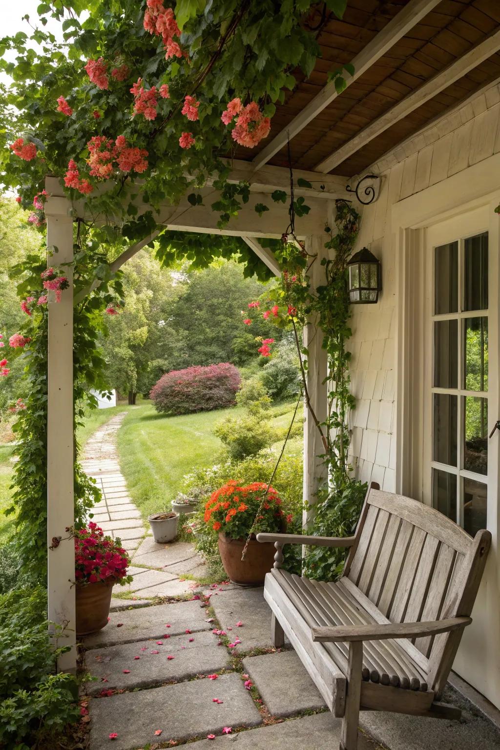 A picturesque cottage porch with a trellis and lush climbing plants.