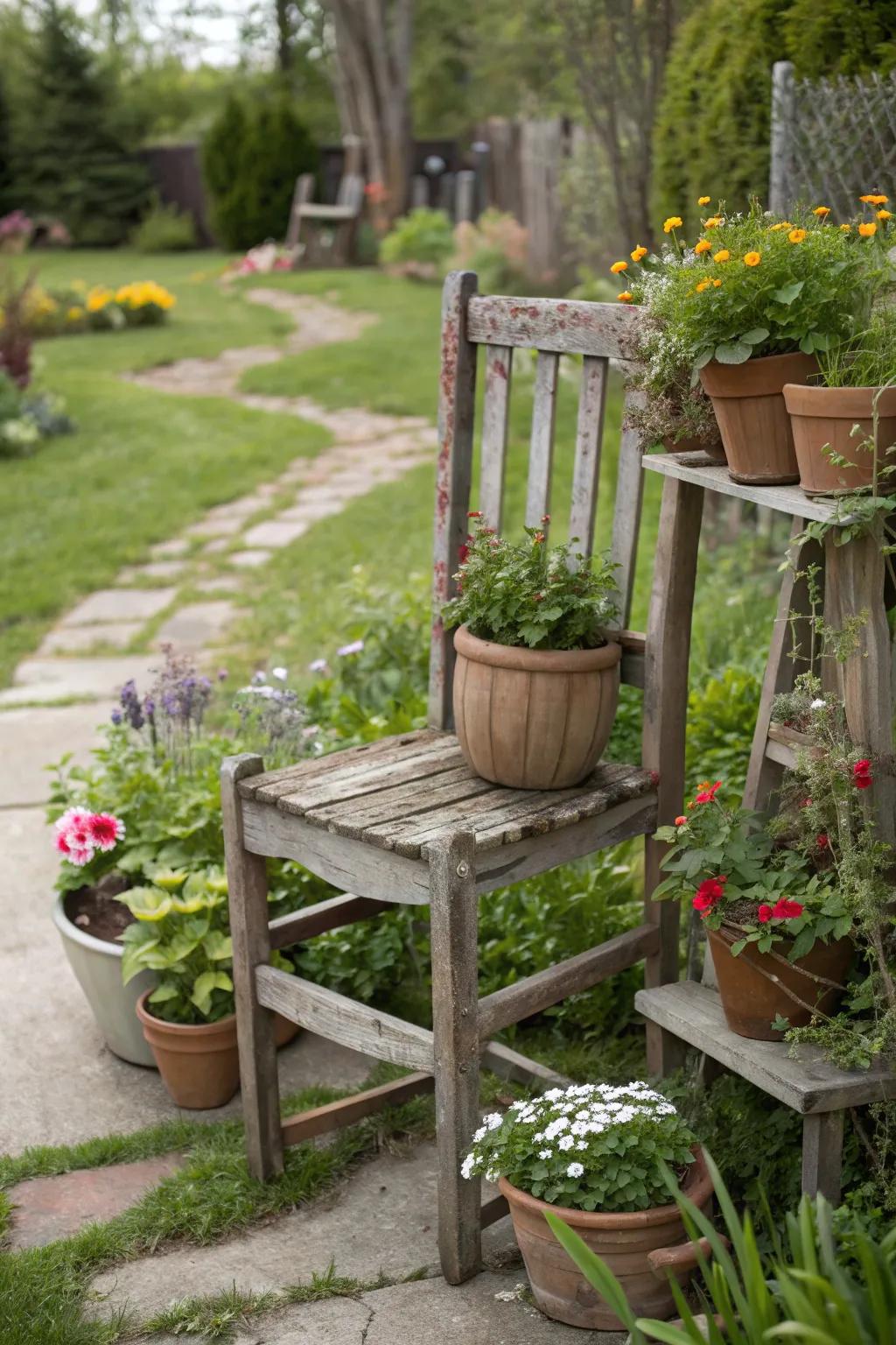Repurposing furniture adds unique charm to the garden.