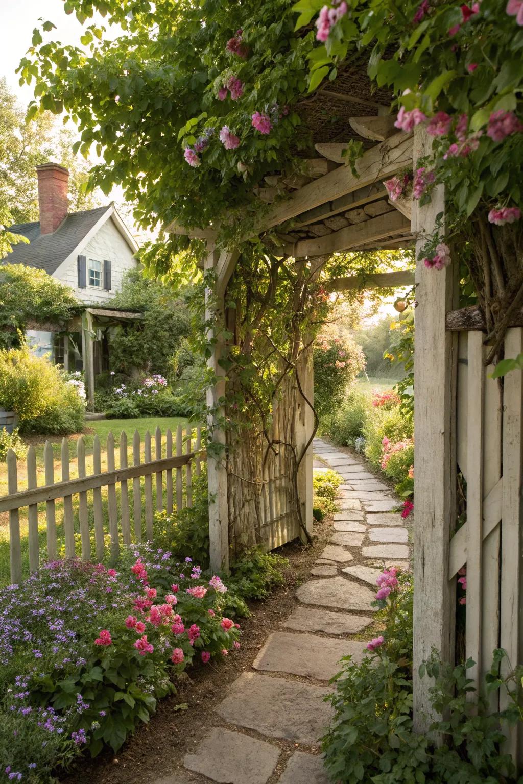A trellis adorned with climbing vines in a cottage garden.