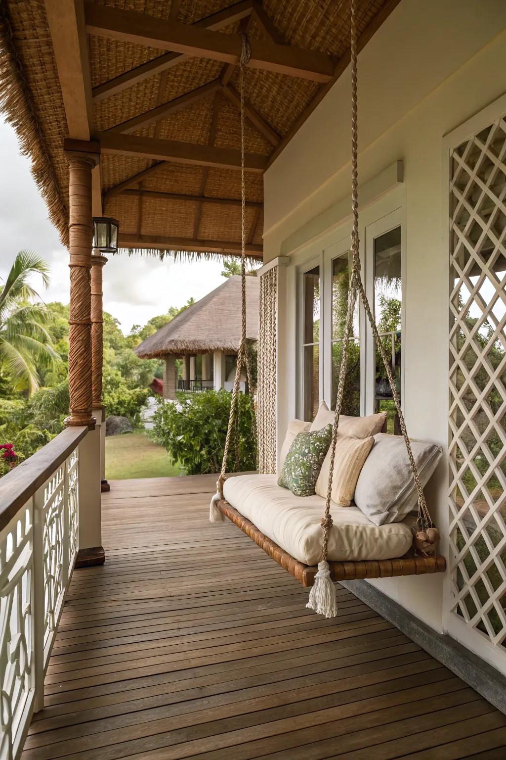 A hanging swing adds a playful yet relaxing seating option.