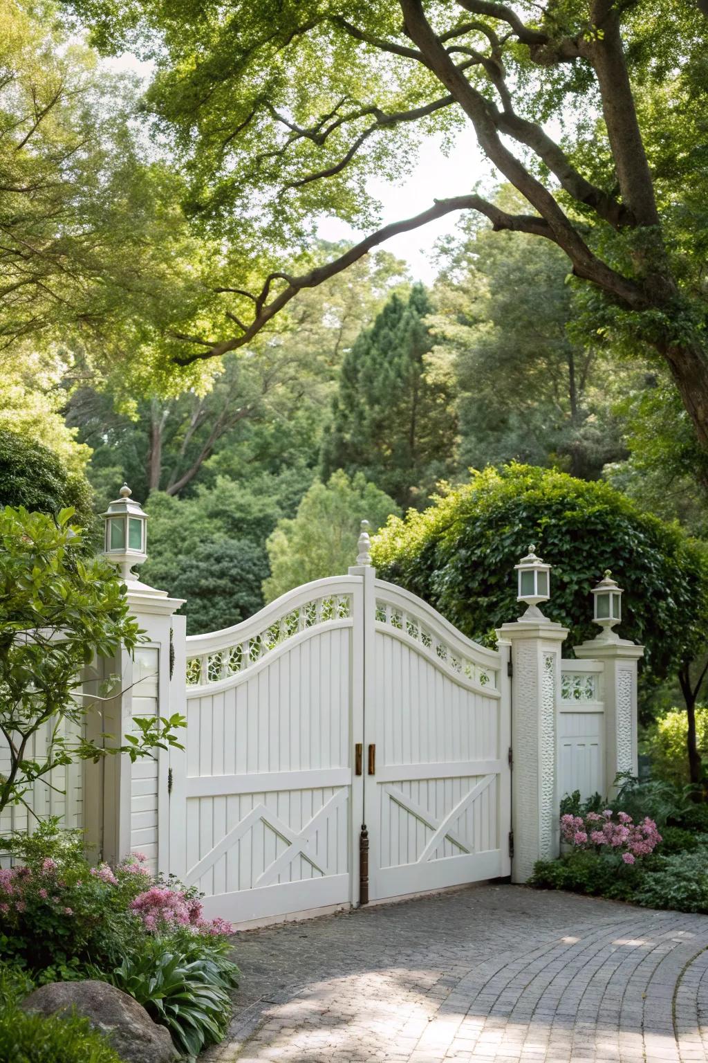 A timeless white gate that stands out beautifully.