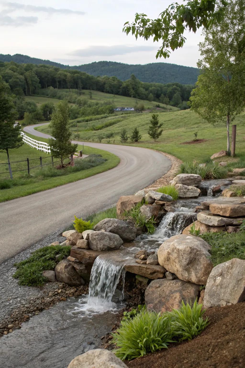 A small cascading water feature alongside a country driveway, offering a touch of luxury and tranquility.