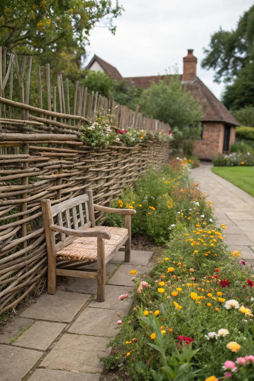 A woven willow fence adds rustic charm to any garden.
