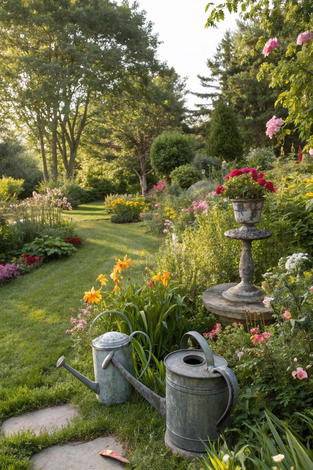 Antique elements like watering cans and sundials adding charm to the garden.
