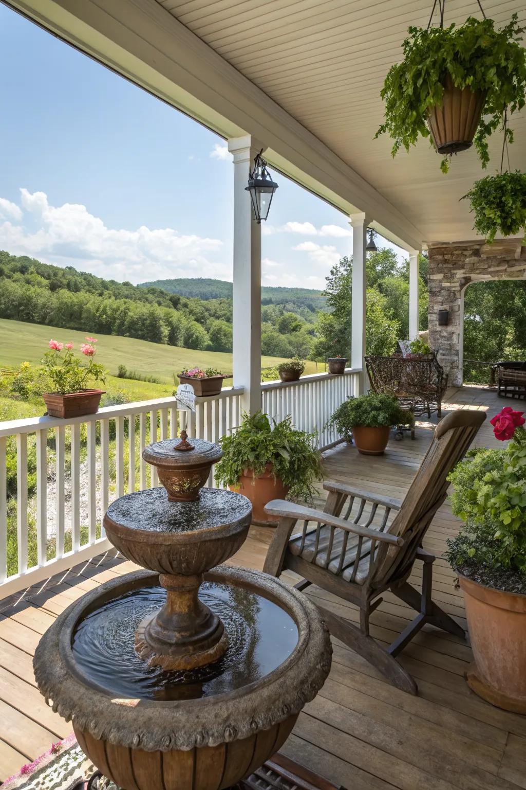 A water fountain brings tranquility to the porch.