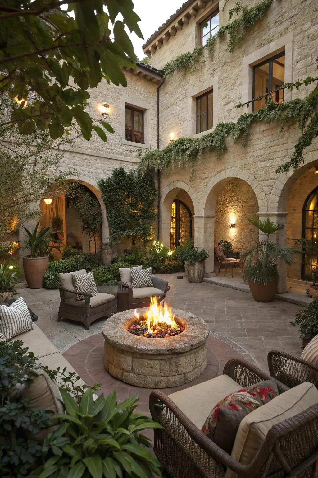 A welcoming courtyard with a cozy fire pit for gatherings.