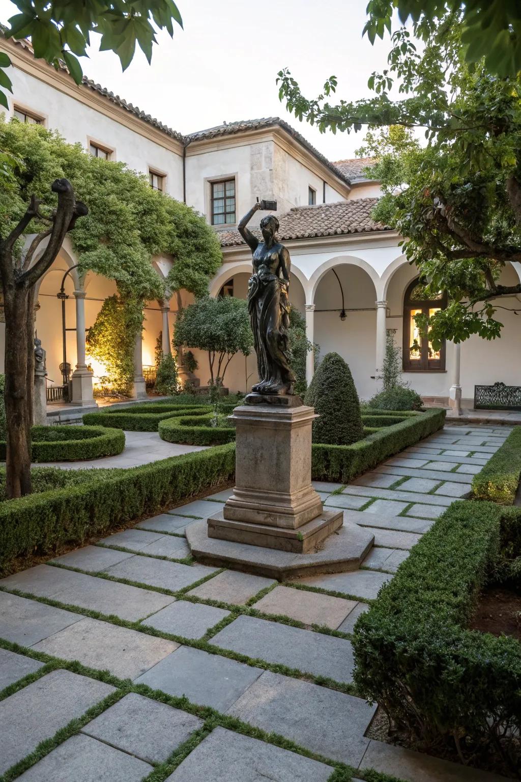 An artistic sculpture adding personality to the courtyard.