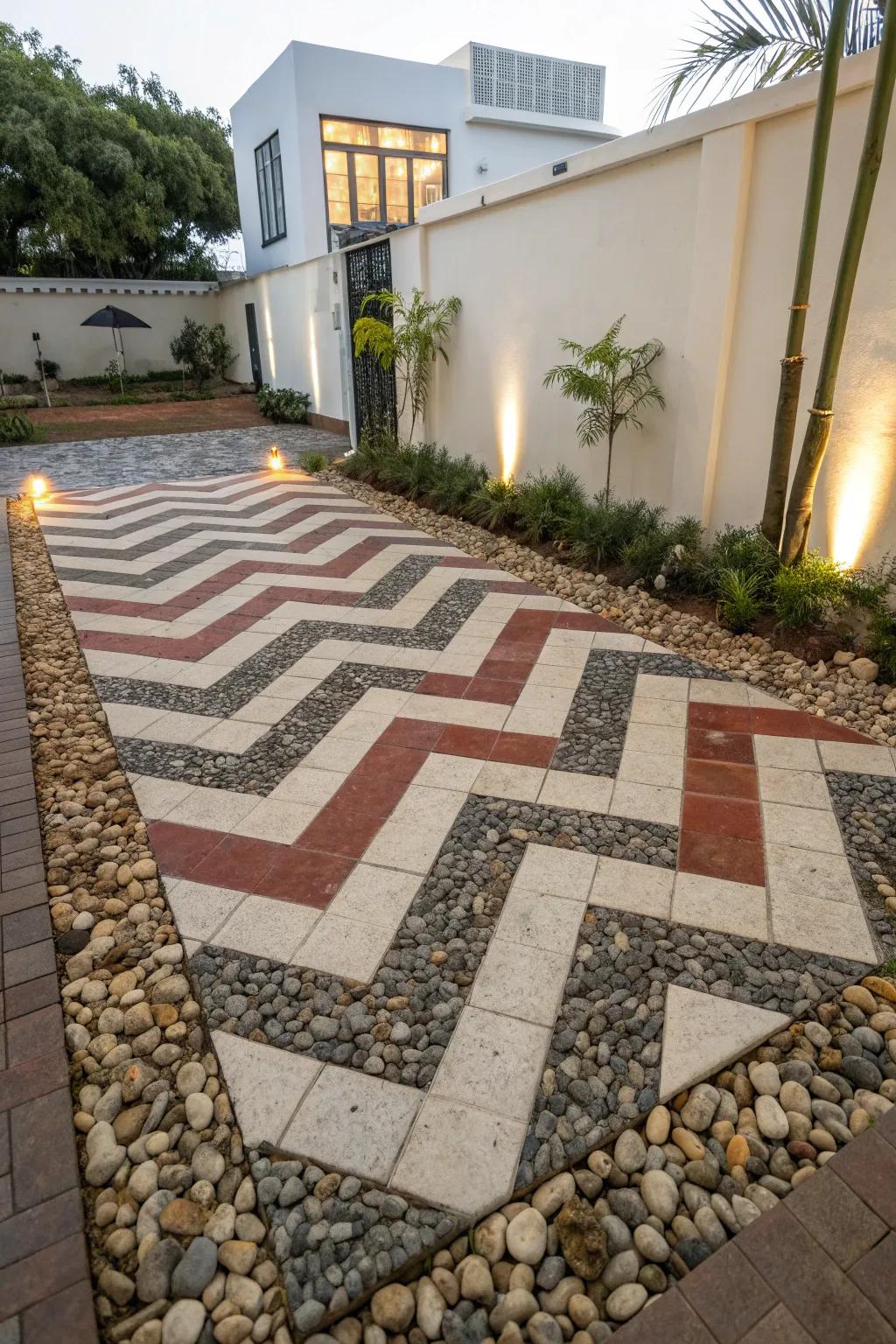 A courtyard featuring bold and playful paving patterns.