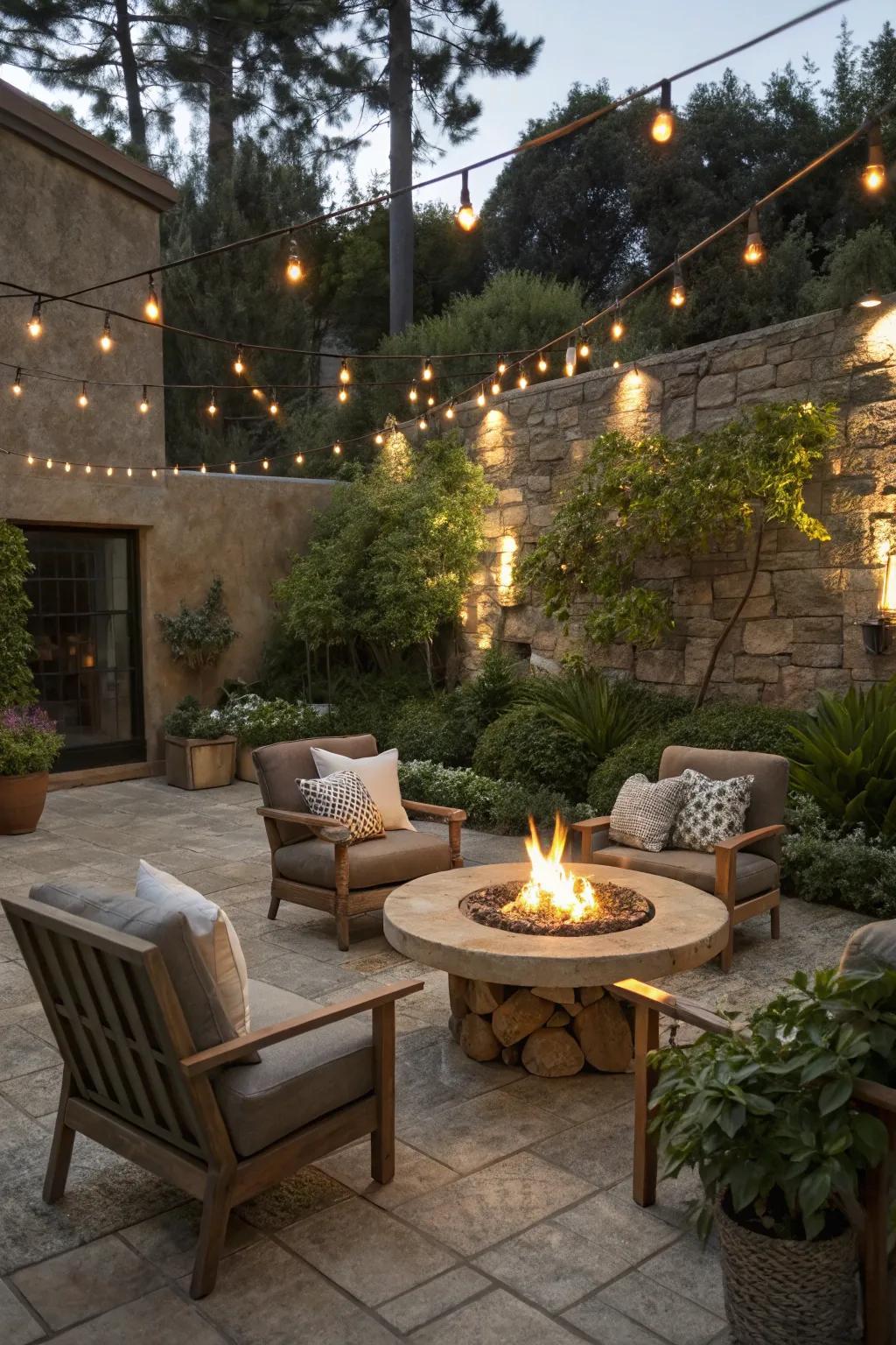 A fire pit creates a warm gathering spot for guests.