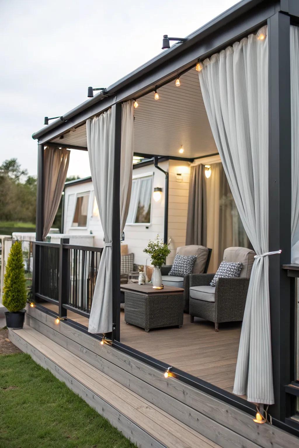 Stylish and elegant deck enhanced with flowy outdoor curtains.