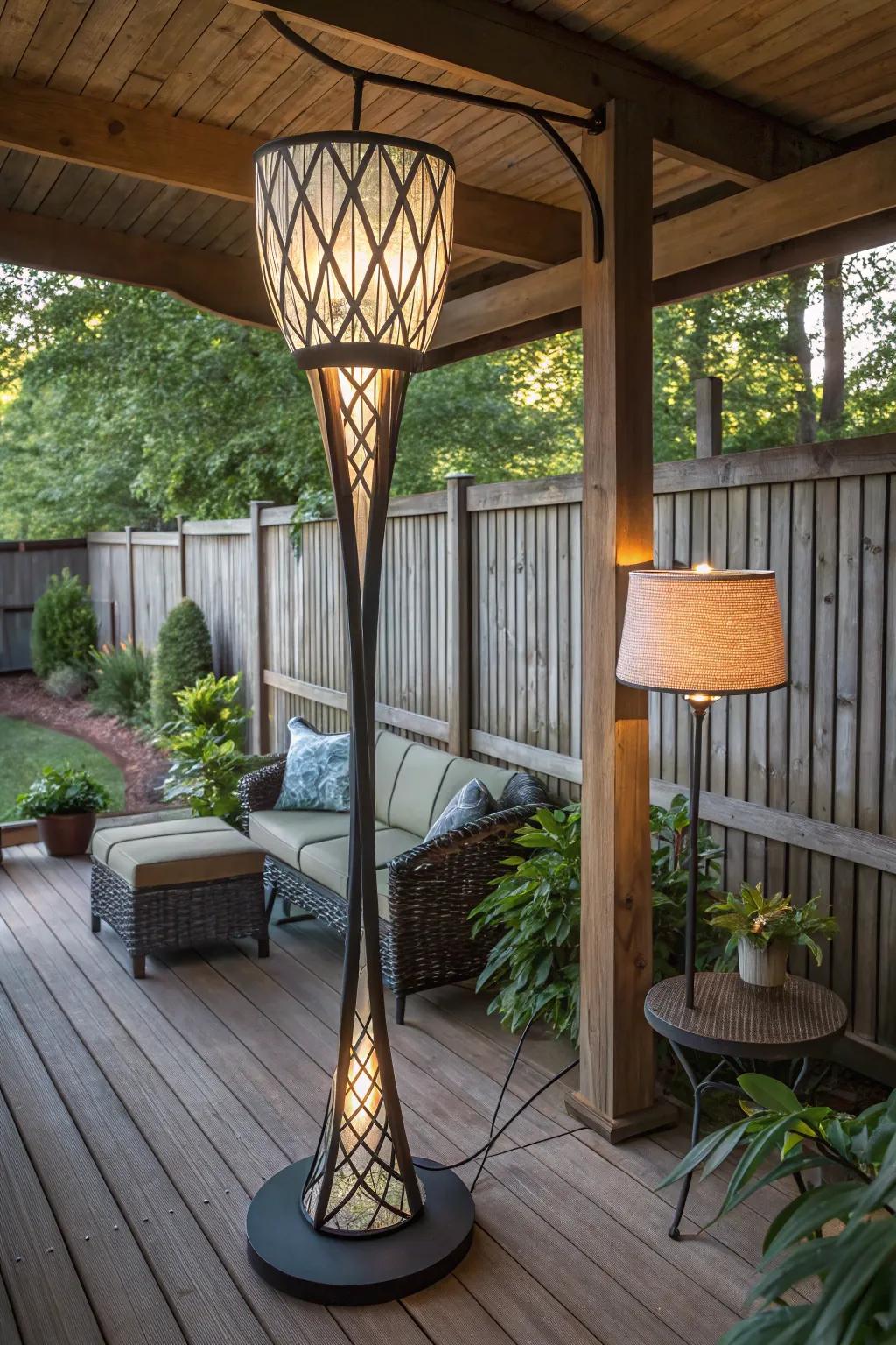 A uniquely designed floor lamp serves as both decor and lighting on a covered deck.