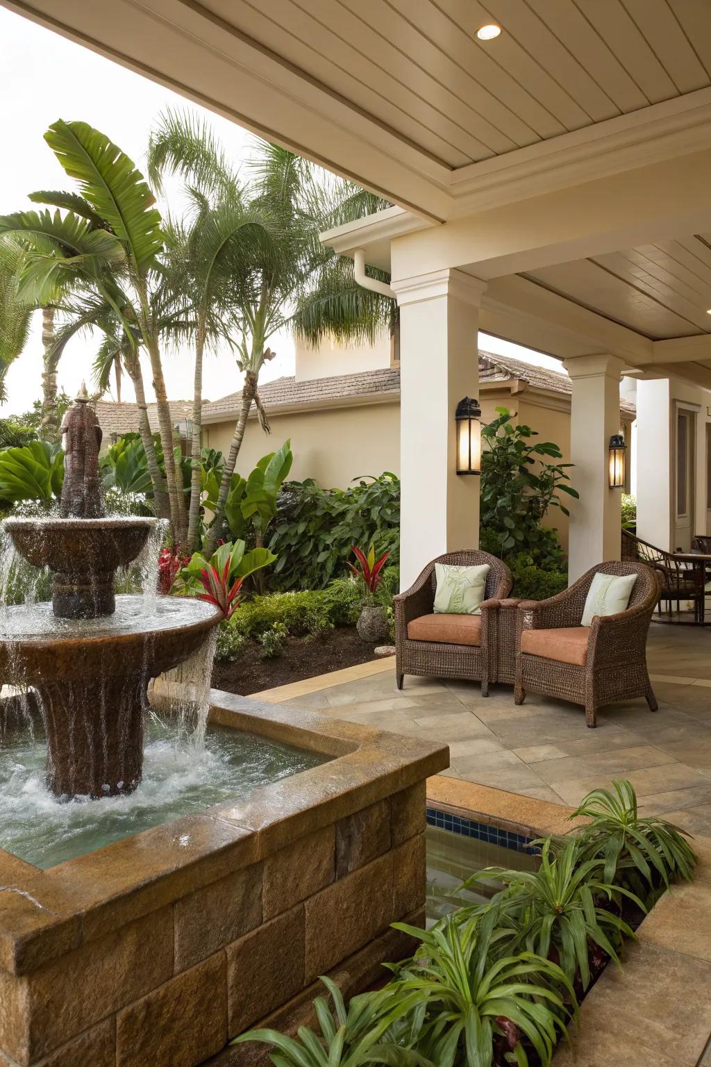 A water feature adds tranquility to the lanai.