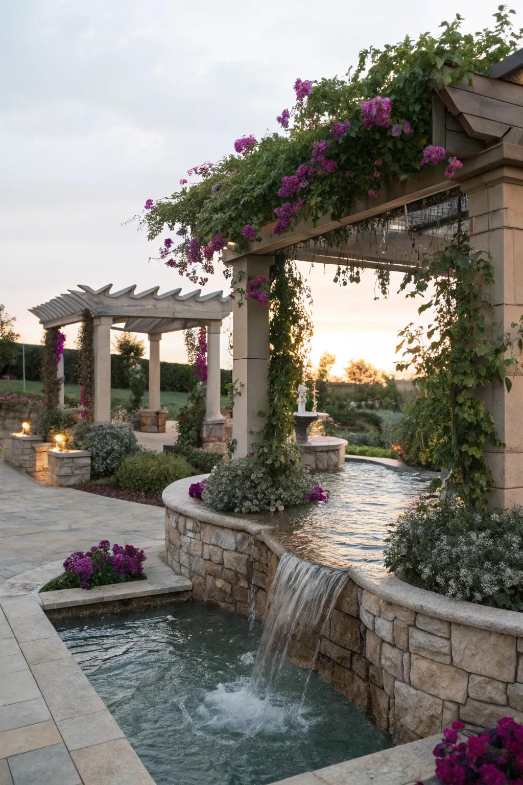 Add tranquility with a pergola featuring a water element.