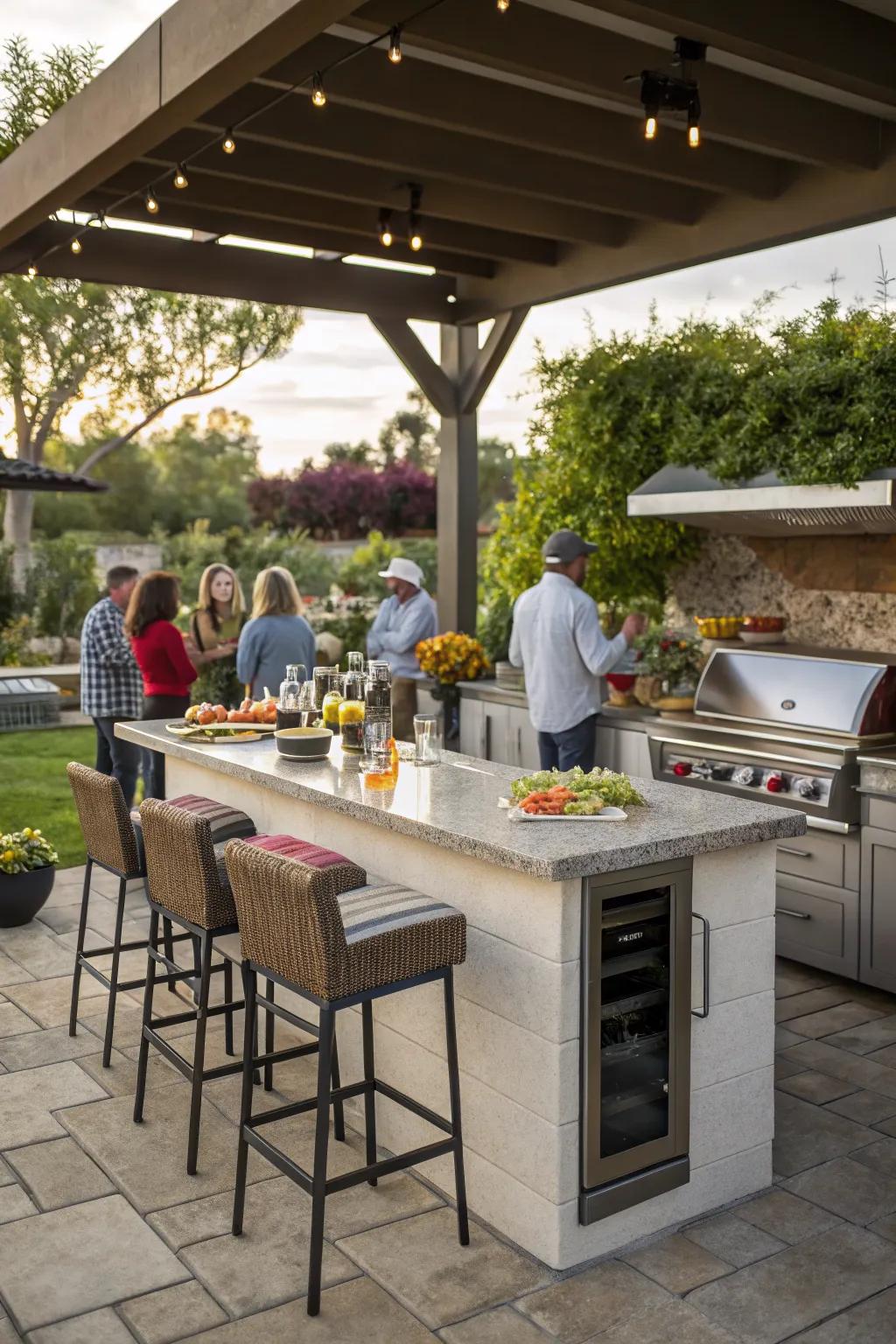 An open-air bar counter creates a social hub in your outdoor kitchen.