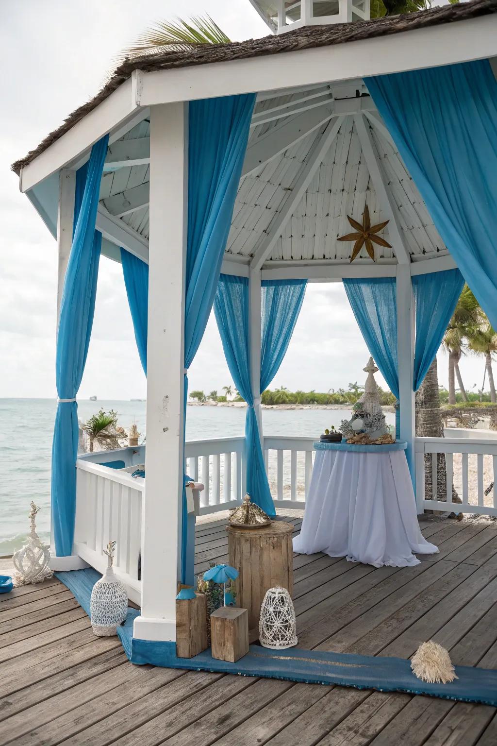Bring coastal vibes to your pavilion with breezy decor.
