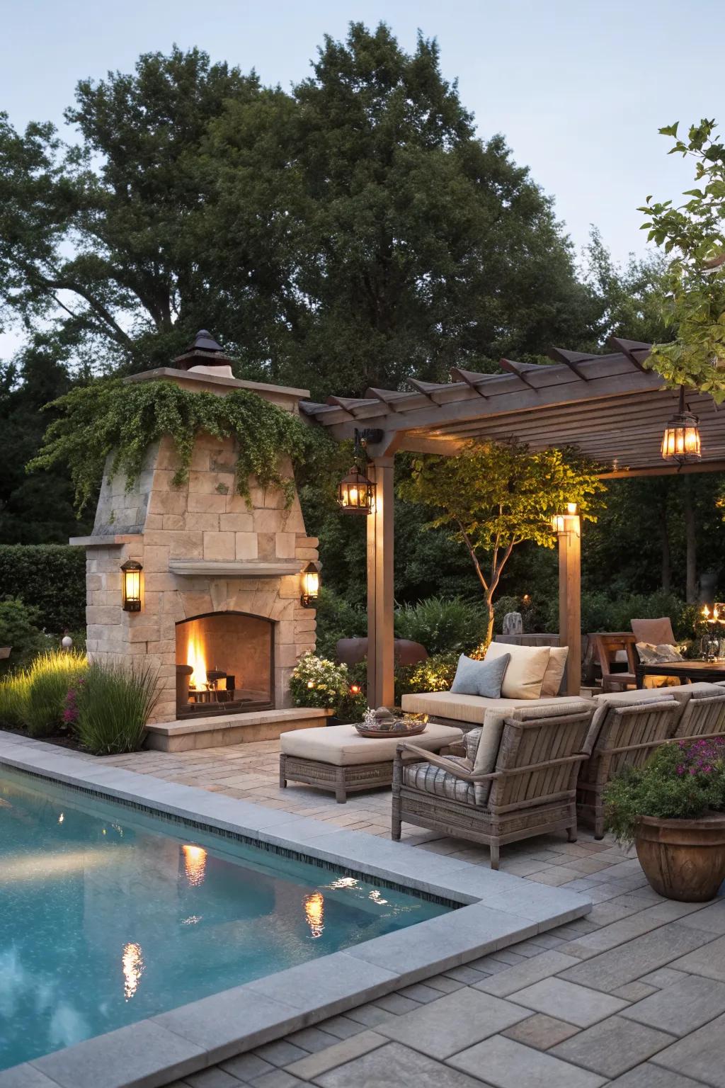 A fireplace or fire pit adds warmth and ambiance.