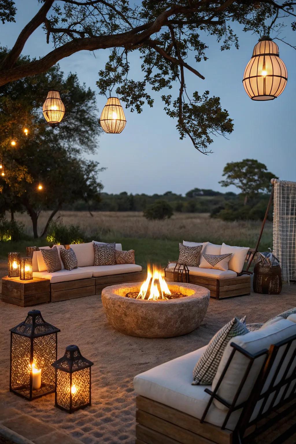 Lanterns add a warm glow to the fire pit area.