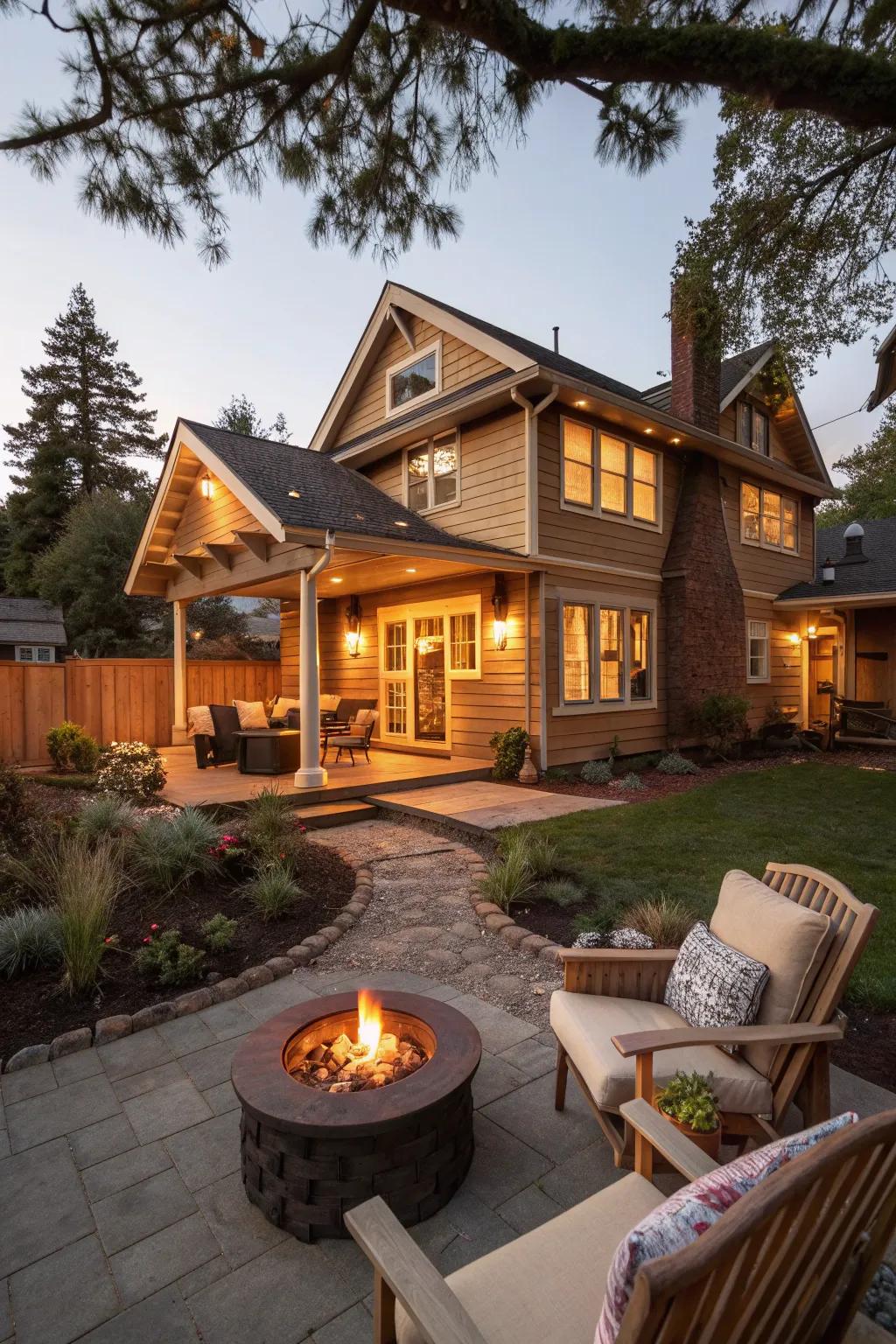A fire pit provides a cozy gathering spot in the backyard of this craftsman house.