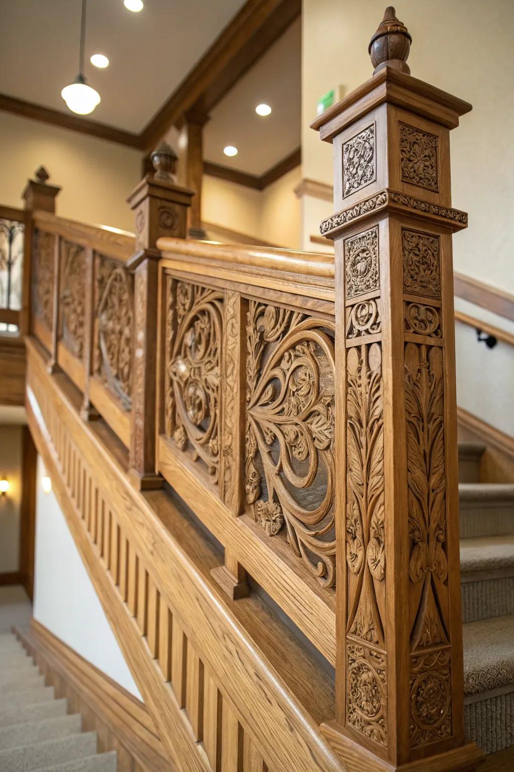 Custom carved wood details personalize craftsman railings beautifully.